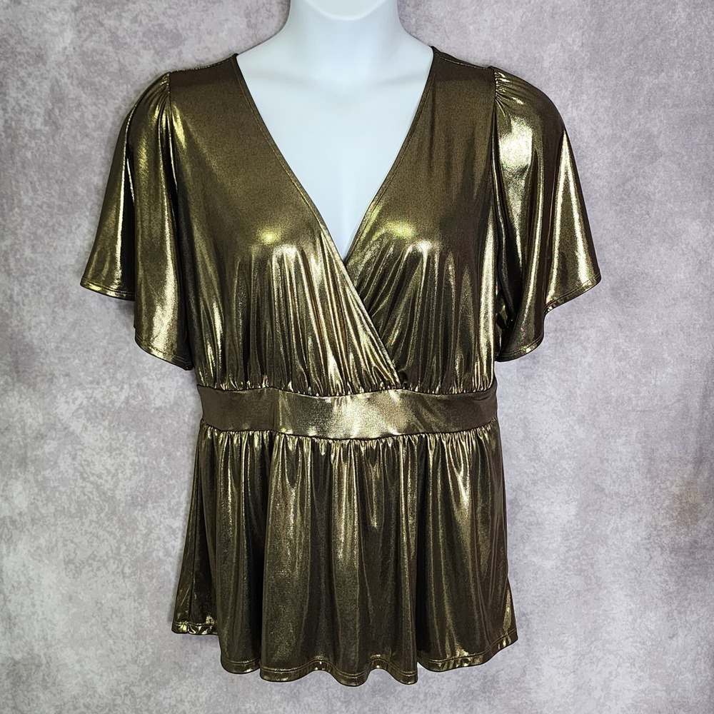 Torrid Liquid Shine Surplice Peplum Top Blouse Gold Plus Size 1 1X (16W-18W)